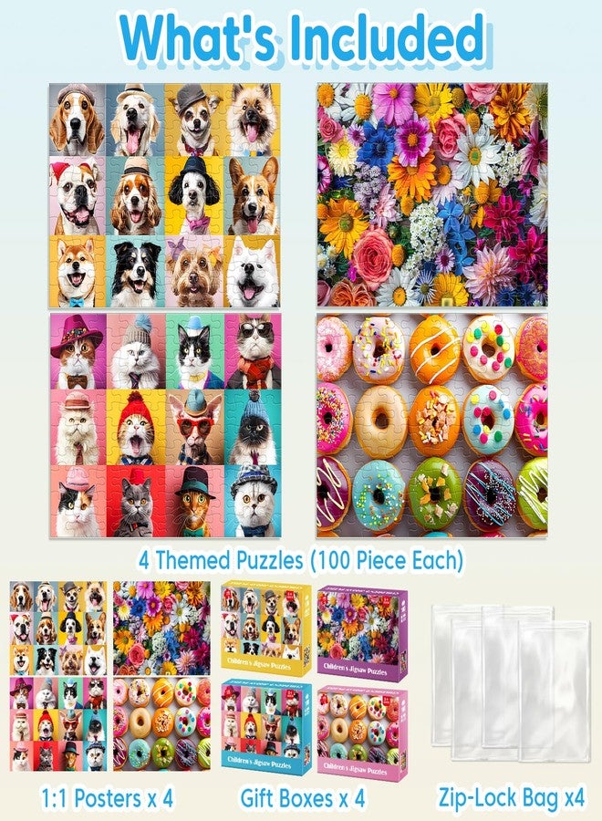 أحجيات جياسيو المكونة من 100 قطعة للأطفال من عمر 4 إلى 8 سنوات - أحجيات الكلاب والزهور والكعك والقطط - أحجية كبيرة للأطفال من عمر 4-6 و6-8 و8-10 سنوات - ألعاب تعليمية وهدايا - عبوة من 4 قطع مقاس 15 × 11 بوصة - Image 2